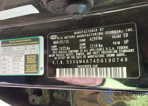 2013 Kia Optima Lx z USA, uszkodzony, nr VIN 5XXGM4A74DG190749